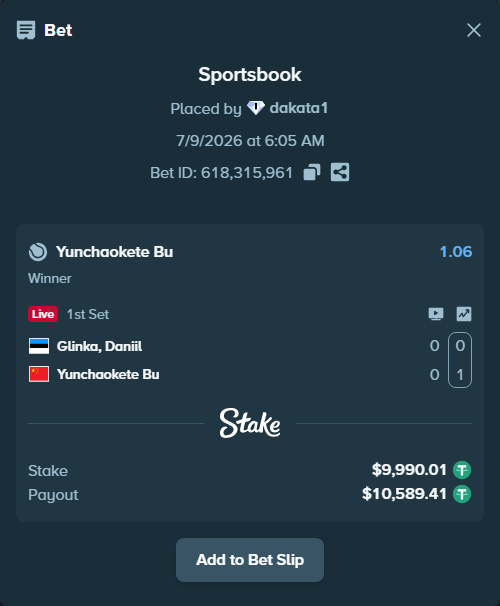 Bet slip: Danill Glinka - Yunchaokete Bu, $10,000.00 stake at 1.06 odds, placed by dakata1