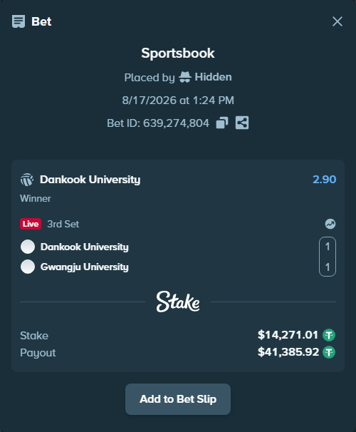 Bet slip: Dankook University - Gwangju University, $14,285.28 stake at 2.90 odds, placed by Hidden