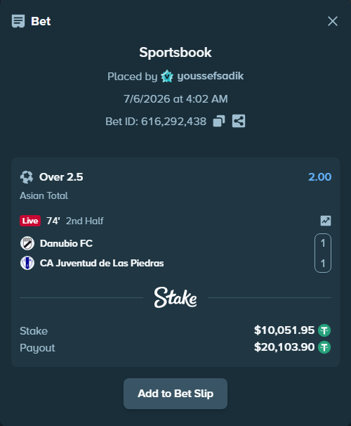 Bet slip: Danubio FC - CA Juventud de Las Piedras, $10,062.00 stake at 2.00 odds, placed by youssefsadik