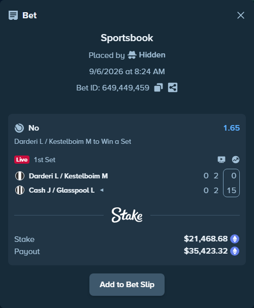 Bet slip: Darderi L / Kestelboim M - Cash J / Glasspool L, $21,478.82 stake at 1.65 odds, placed by Hidden