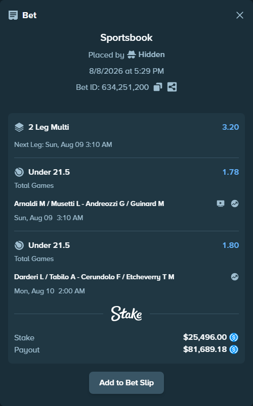 Bet slip: Darderi L / Tabilo A - Cerundolo F / Etcheverry T, $25,496.00 stake at 1.80 odds, placed by Hidden