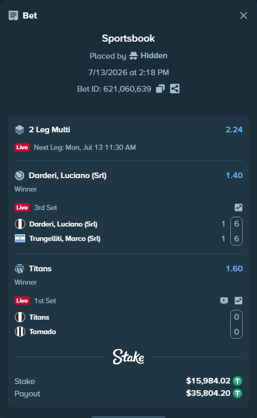 Bet slip: Darderi, Luciano (Srl) - Trungelliti, Marco (Srl), $16,000.00 stake at 1.40 odds, placed by Hidden
