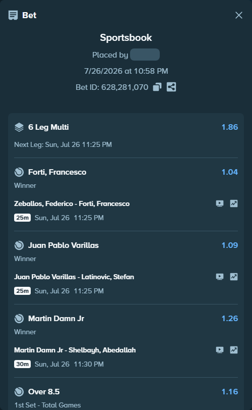 Bet slip: Daria Kasatkina - Alana Smith, $13,356.67 stake at 1.04 odds, placed by EaurigaT
