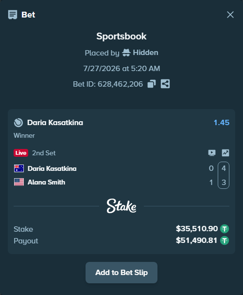 Bet slip: Daria Kasatkina - Alana Smith, $35,510.90 stake at 1.45 odds, placed by Hidden