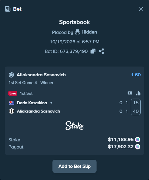 Bet slip: Daria Kasatkina - Aliaksandra Sasnovich, $11,207.27 stake at 1.60 odds, placed by Hidden