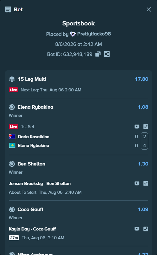 Bet slip: Daria Kasatkina - Elena Rybakina, $11,207.30 stake at 1.08 odds, placed by Prettylfacko98