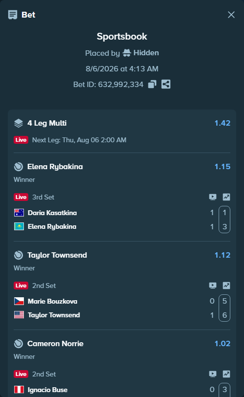 Bet slip: Daria Kasatkina - Elena Rybakina, $14,274.45 stake at 1.15 odds, placed by Hidden