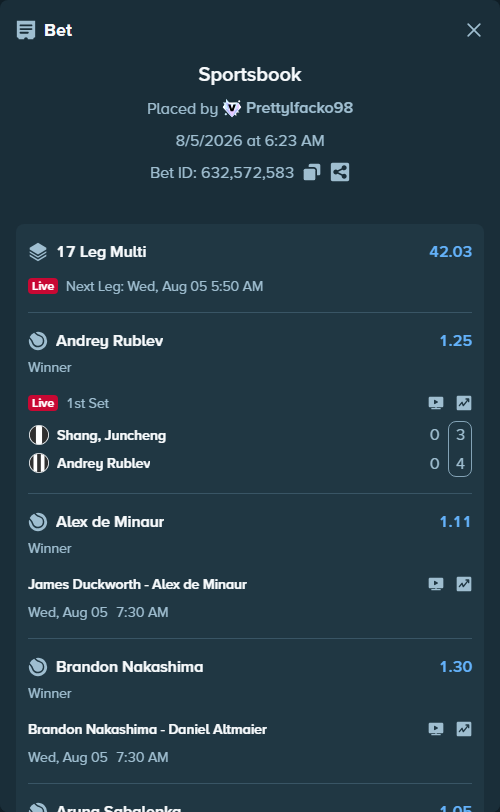 Bet slip: Daria Kasatkina - Elena Rybakina, $37,302.31 stake at 1.14 odds, placed by Prettylfacko98