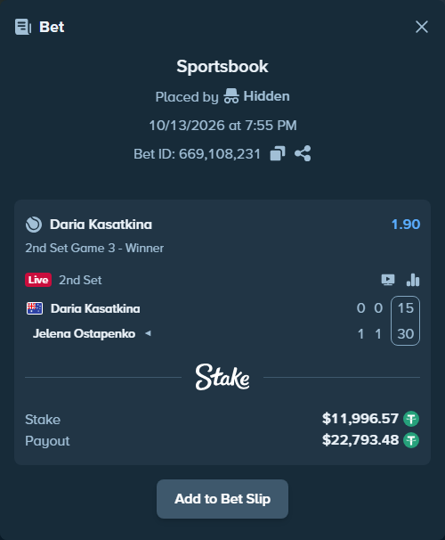 Bet slip: Daria Kasatkina - Jelena Ostapenko, $12,008.56 stake at 1.90 odds, placed by Hidden