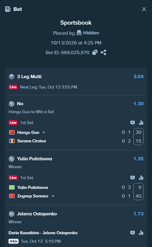 Bet slip: Daria Kasatkina - Jelena Ostapenko, $39,155.00 stake at 1.73 odds, placed by Hidden