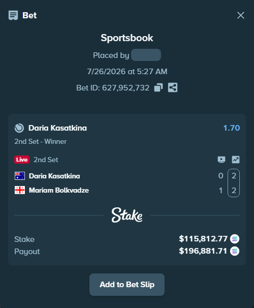 Bet slip: Daria Kasatkina - Mariam Bolkvadze, $112,944.25 stake at 1.70 odds, placed by Prettylfacko98