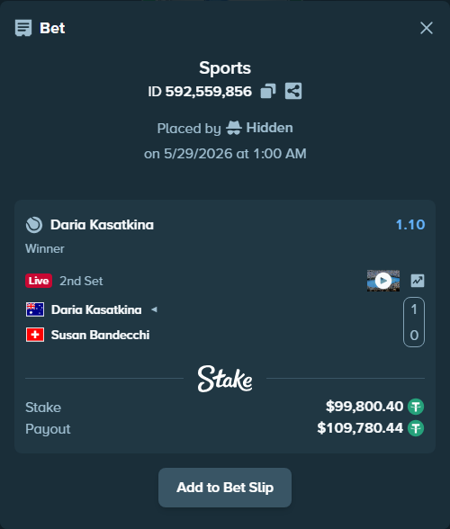 Bet slip: Daria Kasatkina - Susan Bandecchi, $100,000.00 stake at 1.10 odds, placed by Hidden