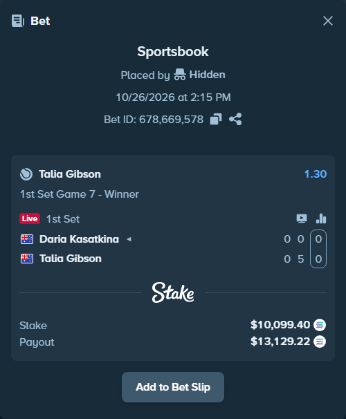 Bet slip: Daria Kasatkina - Talia Gibson, $10,184.66 stake at 1.30 odds, placed by Hidden