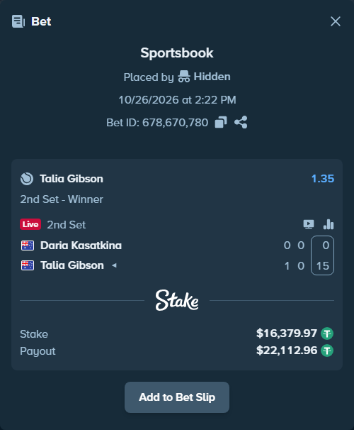 Bet slip: Daria Kasatkina - Talia Gibson, $16,396.35 stake at 1.35 odds, placed by Hidden