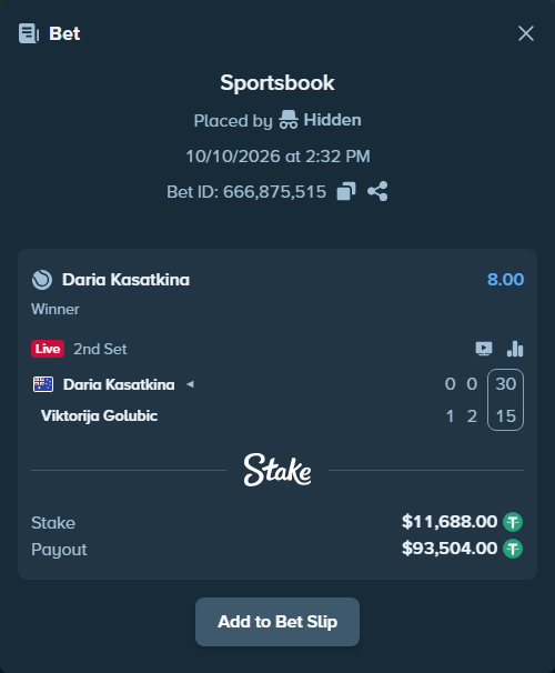 Bet slip: Daria Kasatkina - Viktorija Golubic, $11,699.69 stake at 8.00 odds, placed by Hidden