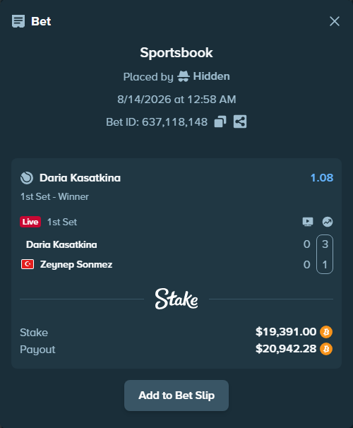 Bet slip: Daria Kasatkina - Zeynep Sonmez, $19,273.30 stake at 1.08 odds, placed by Hidden
