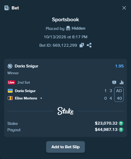 Bet slip: Daria Snigur - Elise Mertens, $23,093.39 stake at 1.95 odds, placed by Hidden