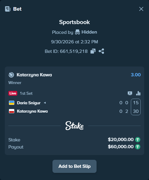 Bet slip: Daria Snigur - Katarzyna Kawa, $20,000.00 stake at 3.00 odds, placed by Hidden