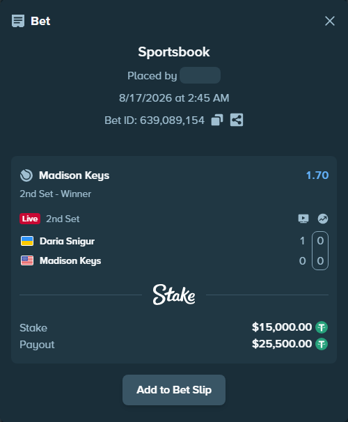 Bet slip: Daria Snigur - Madison Keys, $15,015.00 stake at 1.70 odds, placed by Othmane2kiks