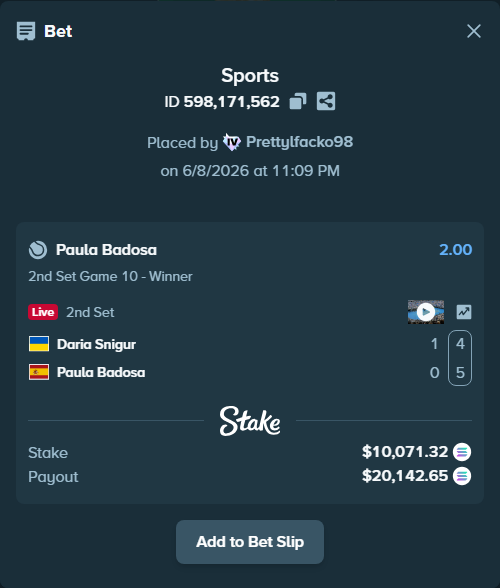 Bet slip: Daria Snigur - Paula Badosa, $11,038.29 stake at 2.00 odds, placed by Prettylfacko98