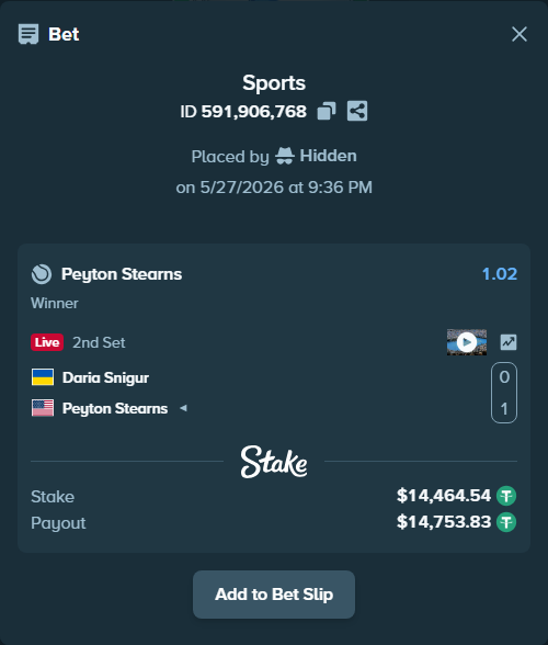 Bet slip: Daria Snigur - Peyton Stearns, $14,479.00 stake at 1.02 odds, placed by Hidden