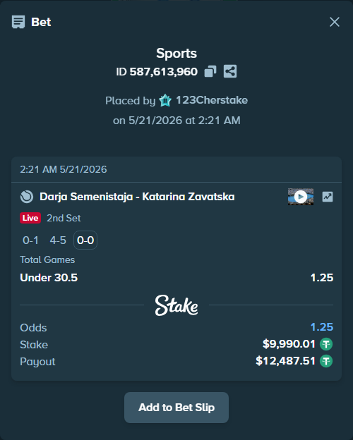 Bet slip: Darja Semenistaja - Katarina Zavatska, $10,000.00 stake at 1.25 odds, placed by 123Cherstake