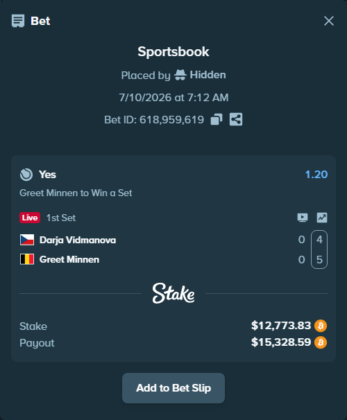 Bet slip: Darja Vidmanova - Greet Minnen, $12,998.72 stake at 1.20 odds, placed by Hidden