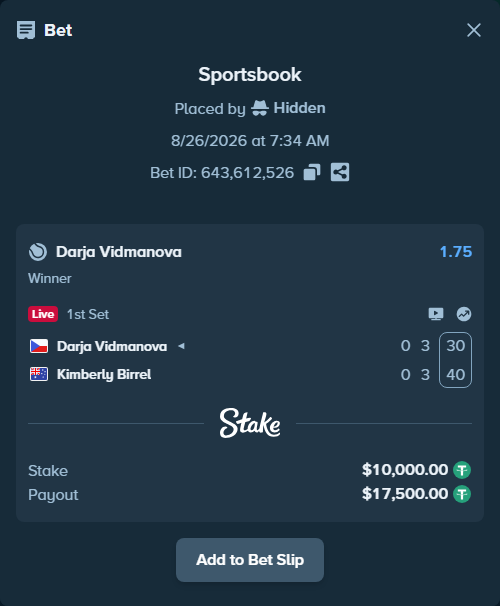 Bet slip: Darja Vidmanova - Kimberly Birrel, $10,000.00 stake at 1.75 odds, placed by Riot121