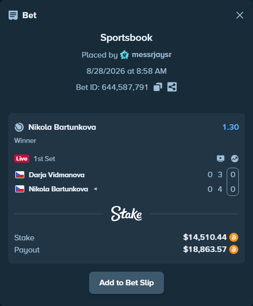 Bet slip: Darja Vidmanova - Nikola Bartunkova, $14,437.07 stake at 1.30 odds, placed by messrjaysr