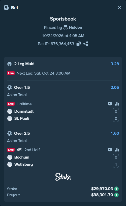 Bet slip: Darmstadt - St. Pauli, $30,000.00 stake at 2.05 odds, placed by tlwns4736