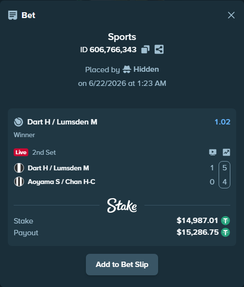 Bet slip: Dart H / Lumsden M - Aoyama S / Chan H-C, $15,002.00 stake at 1.02 odds, placed by Hidden