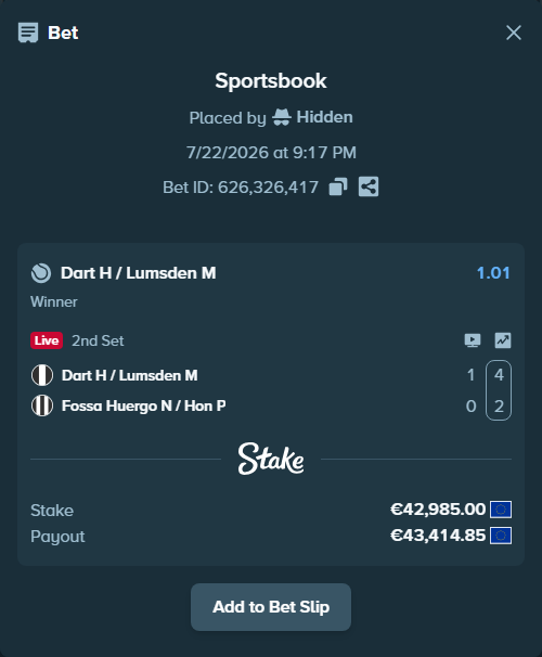 Bet slip: Dart H / Lumsden M - Fossa Huergo N / Hon P, $46,423.80 stake at 1.01 odds, placed by Hidden