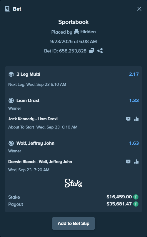 Bet slip: Darwin Blanch - Wolf, Jeffrey John, $16,459.00 stake at 1.63 odds, placed by Hidden