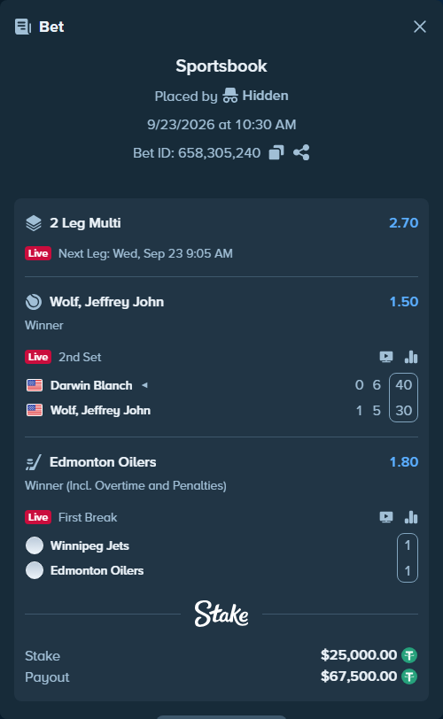 Bet slip: Darwin Blanch - Wolf, Jeffrey John, $25,000.00 stake at 1.50 odds, placed by Hidden