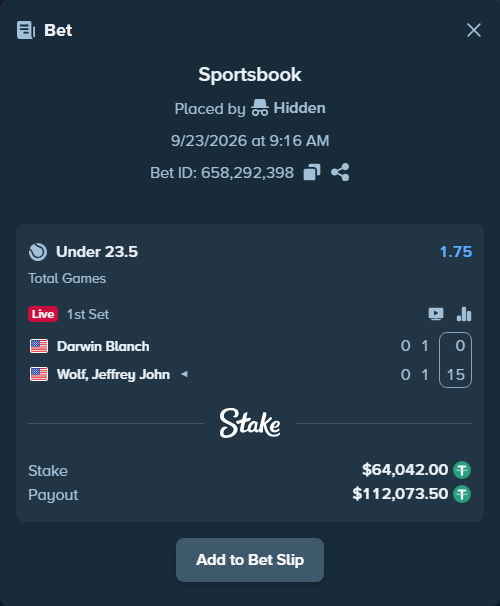 Bet slip: Darwin Blanch - Wolf, Jeffrey John, $64,042.00 stake at 1.75 odds, placed by Hidden