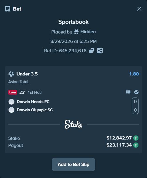 Bet slip: Darwin Hearts FC - Darwin Olympic SC, $12,842.97 stake at 1.80 odds, placed by Hidden