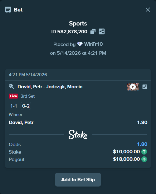 Bet slip: David, Petr - Jadczyk, Marcin, $10,000.00 stake at 1.80 odds, placed by WinTr10