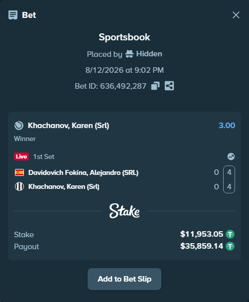Bet slip: Davidovich Fokina, Alejandro (SRL) - Khachanov, Karen (Srl), $11,965.00 stake at 3.00 odds, placed by Hidden