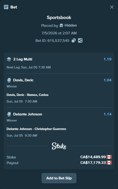 Bet slip: Davis, Deric - Ramos, Carlos, $10,722.59 stake at 1.04 odds, placed by Hidden
