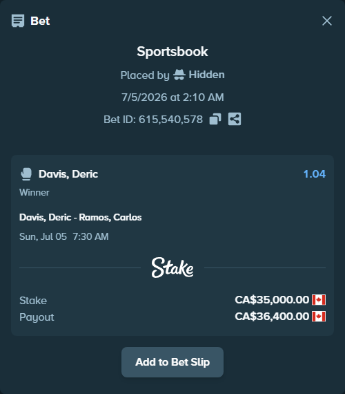Bet slip: Davis, Deric - Ramos, Carlos, $25,900.00 stake at 1.04 odds, placed by Hidden