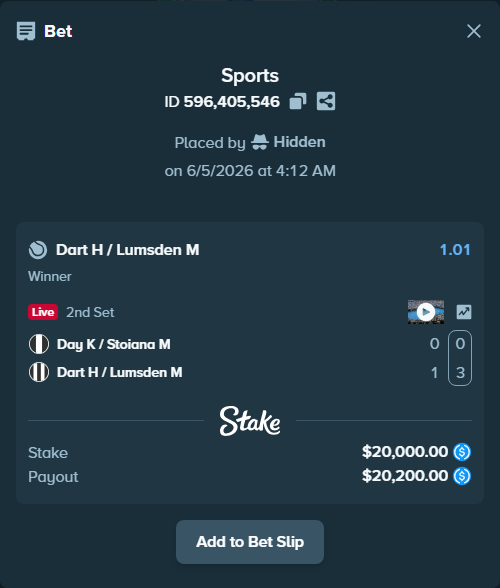 Bet slip: Day K / Stoiana M - Dart H / Lumsden M, $20,000.00 stake at 1.01 odds, placed by Hidden