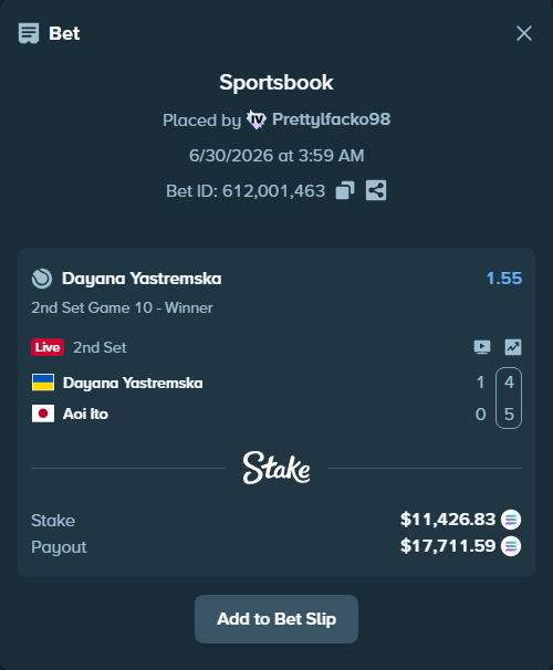 Bet slip: Dayana Yastremska - Aoi Ito, $12,484.20 stake at 1.55 odds, placed by Prettylfacko98