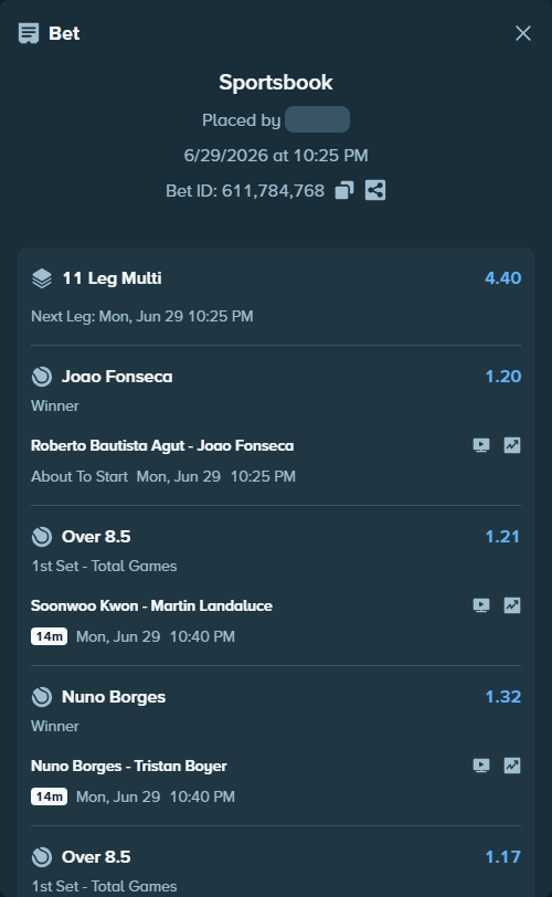 Bet slip: Dayana Yastremska - Aoi Ito, $150,000.00 stake at 1.18 odds, placed by EaurigaT