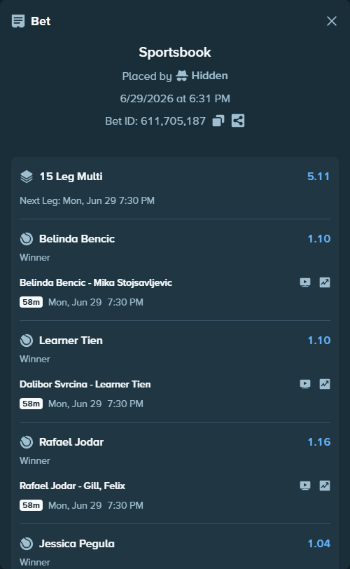 Bet slip: Dayana Yastremska - Aoi Ito, $65,000.00 stake at 1.18 odds, placed by Hidden