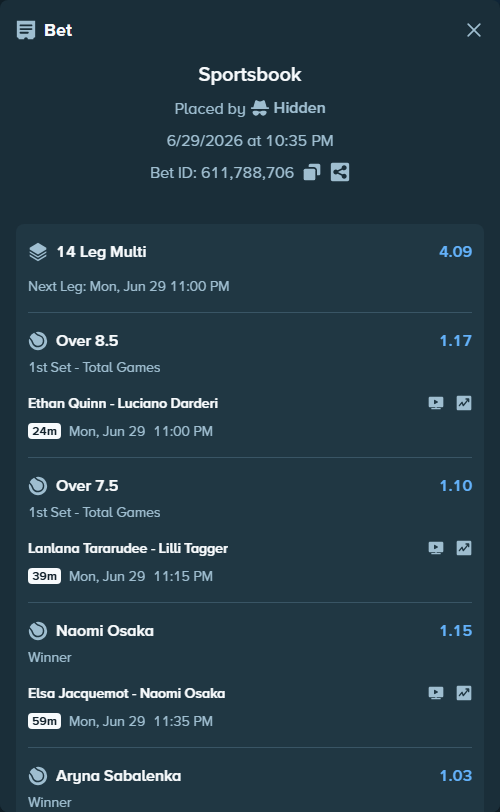 Bet slip: Dayana Yastremska - Aoi Ito, $75,000.00 stake at 1.18 odds, placed by Hidden