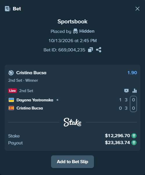 Bet slip: Dayana Yastremska - Cristina Bucsa, $12,309.00 stake at 1.90 odds, placed by WinTr10