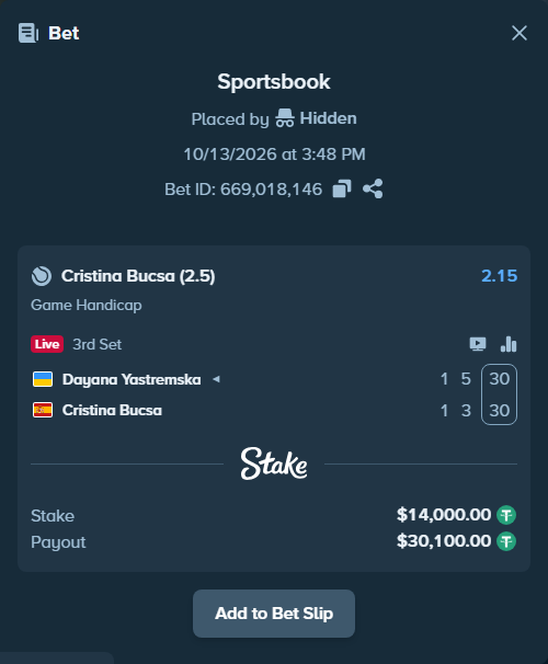 Bet slip: Dayana Yastremska - Cristina Bucsa, $14,014.00 stake at 2.15 odds, placed by Hidden