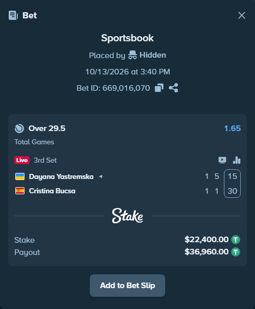 Bet slip: Dayana Yastremska - Cristina Bucsa, $22,422.40 stake at 1.65 odds, placed by OVOPhantuums