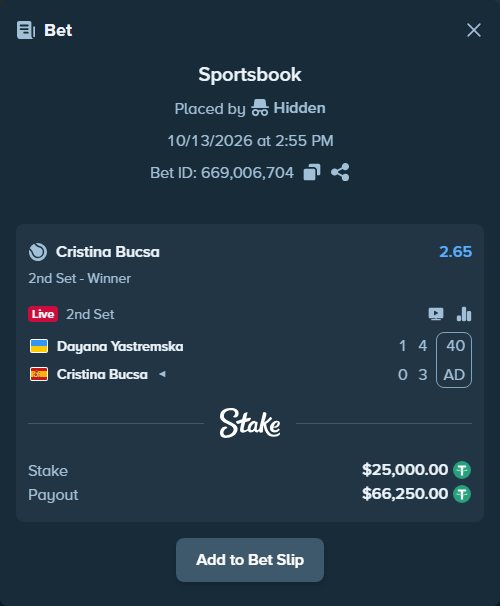 Bet slip: Dayana Yastremska - Cristina Bucsa, $25,025.00 stake at 2.65 odds, placed by Hidden