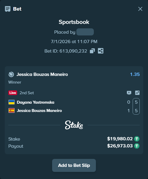 Bet slip: Dayana Yastremska - Jessica Bouzas Maneiro, $20,000.00 stake at 1.35 odds, placed by Thanoscape